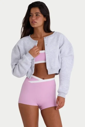 Cardigan corto abbottonato in jersey spazzolato grigio melange