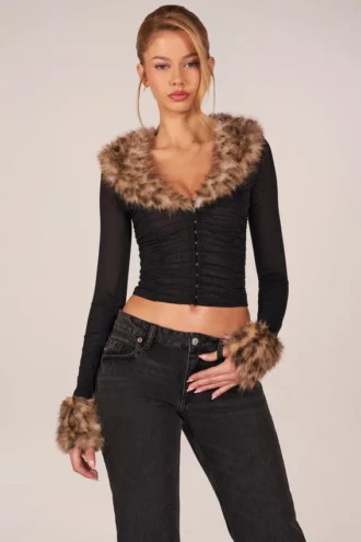 Cardigan in rete trasparente con bordi in pelliccia sintetica Lola, nero