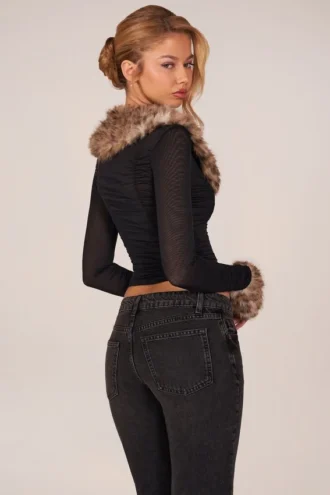 Cardigan in rete trasparente con bordi in pelliccia sintetica Lola, nero