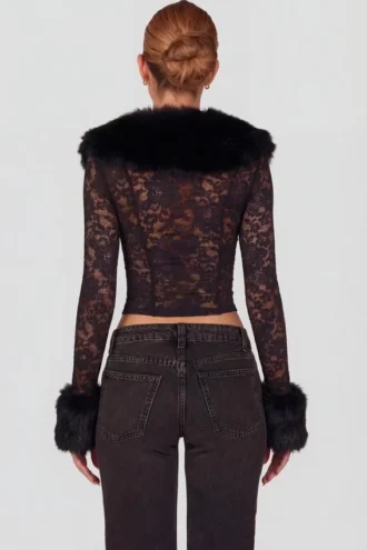 Cardigan Noemy in pizzo trasparente con bordi in pelliccia sintetica, colore nero