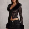 Cardigan Noemy in pizzo trasparente con bordi in pelliccia sintetica, colore nero Cardigan Noemy in pizzo trasparente con bordi in pelliccia sintetica, colore nero
