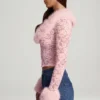 Cardigan Noemy in pizzo trasparente con bordi in pelliccia sintetica, colore rosa Cardigan Noemy in pizzo trasparente con bordi in pelliccia sintetica, colore rosa