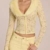 Cardigan Solaya in pizzo con bordi in pelliccia sintetica, giallo limone Cardigan Solaya in pizzo con bordi in pelliccia sintetica, giallo limone