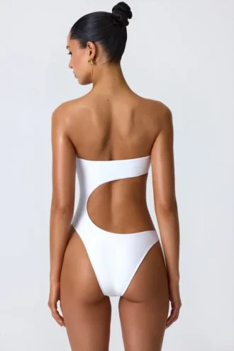 Costume intero a fascia con cut-out e decorazioni in perline Miami in bianco
