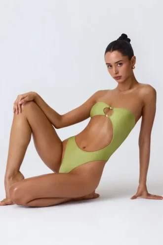 Costume intero a fascia con cut-out e decorazioni in perline Miami in verde pera