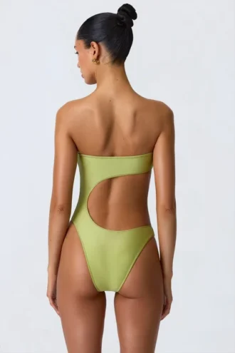 Costume intero a fascia con cut-out e decorazioni in perline Miami in verde pera