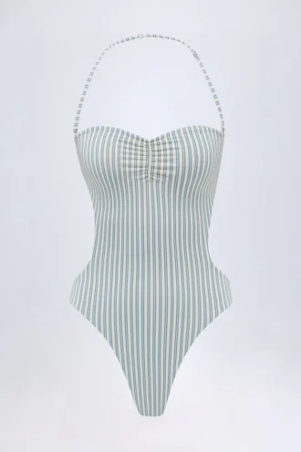 Costume intero Biarritz con scollo all’americana e cut-out a righe doppie color verde acqua