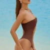 Costume intero con cut-out decorato Formentera in marrone cioccolato
