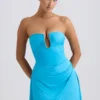 Efia Vestito corto drappeggiato in jersey slinky con gonna a trapezio in blu acqua Efia Vestito corto drappeggiato in jersey slinky con gonna a trapezio in blu acqua