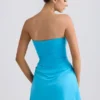 Efia Vestito corto drappeggiato in jersey slinky con gonna a trapezio in blu acqua Efia Vestito corto drappeggiato in jersey slinky con gonna a trapezio in blu acqua