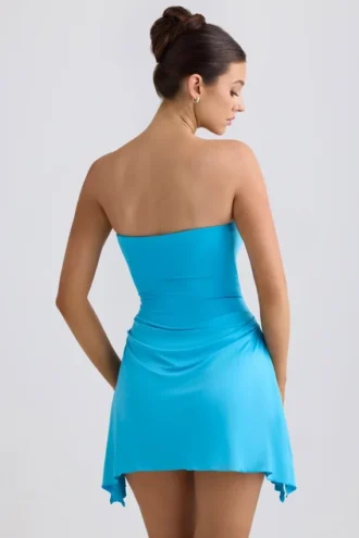 Efia Vestito corto drappeggiato in jersey slinky con gonna a trapezio in blu acqua Efia Vestito corto drappeggiato in jersey slinky con gonna a trapezio in blu acqua