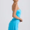 Efia Vestito corto drappeggiato in jersey slinky con gonna a trapezio in blu acqua Efia Vestito corto drappeggiato in jersey slinky con gonna a trapezio in blu acqua