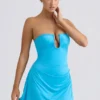 Efia Vestito corto drappeggiato in jersey slinky con gonna a trapezio in blu acqua Efia Vestito corto drappeggiato in jersey slinky con gonna a trapezio in blu acqua