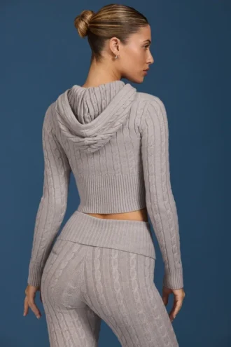 Felpa con cappuccio e zip in maglia a trecce grigio melange