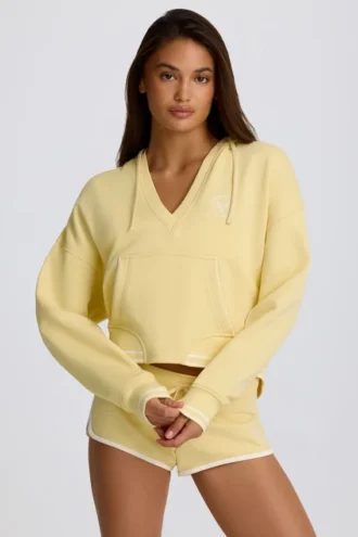 Felpa con cappuccio in jersey di cotone con scollo a V, colore Lemon
