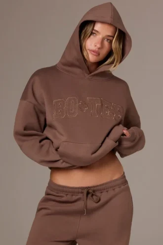 Felpa con cappuccio oversize ricamata color cacao