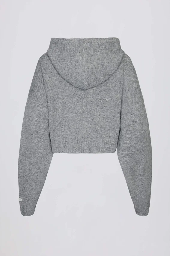 Felpa corta con cappuccio e zip in morbida maglia, colore grigio Felpa corta con cappuccio e zip in morbida maglia, colore grigio