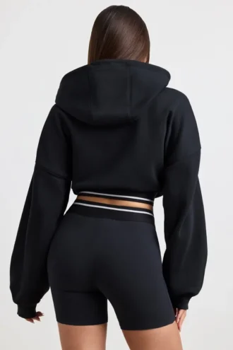 Felpa corta con cappuccio in felpa di cotone elasticizzata, colore nero