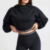 Felpa corta con cappuccio in felpa di cotone elasticizzata, colore nero Felpa corta con cappuccio in felpa di cotone elasticizzata, colore nero