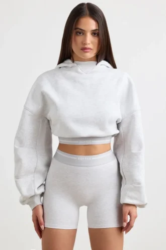 Felpa corta con cappuccio in pile di cotone elasticizzato, grigio melange