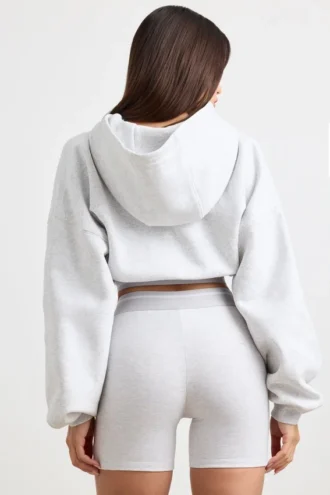 Felpa corta con cappuccio in pile di cotone elasticizzato, grigio melange