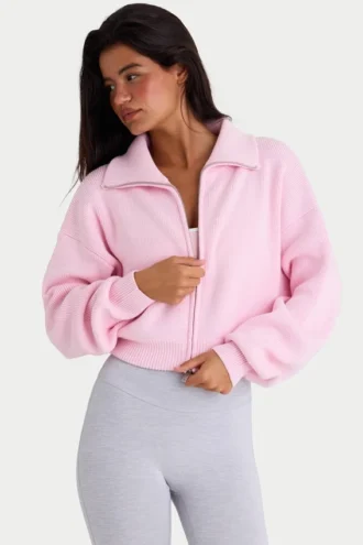 Felpa corta con zip in maglia a costine, rosa pallido