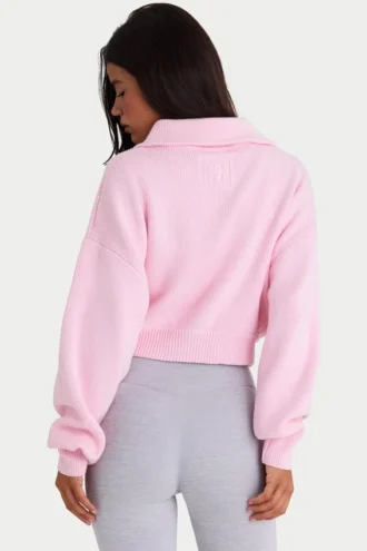 Felpa corta con zip in maglia a costine, rosa pallido