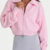 Felpa corta con zip in maglia a costine, rosa pallido Felpa corta con zip in maglia a costine, rosa pallido