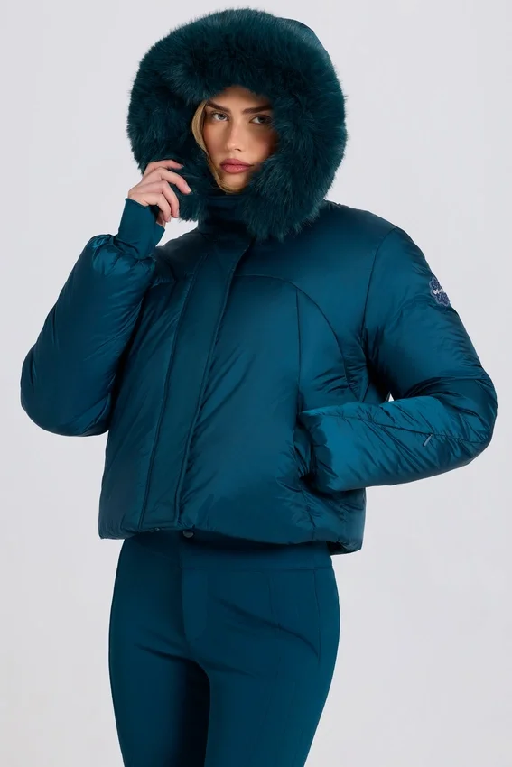 Giacca da sci corta impermeabile con cappuccio in pelliccia sintetica, colore verde acqua Giacca da sci corta impermeabile con cappuccio in pelliccia sintetica, colore verde acqua