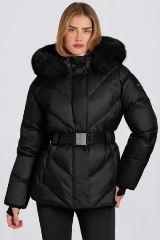Giacca da sci impermeabile con cappuccio in pelliccia sintetica, colore nero Giacca da sci impermeabile con cappuccio in pelliccia sintetica, colore nero