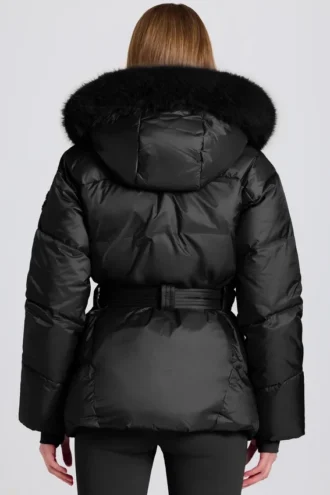 Giacca da sci impermeabile con cappuccio in pelliccia sintetica, colore nero Giacca da sci impermeabile con cappuccio in pelliccia sintetica, colore nero
