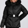 Giacca da sci impermeabile con cappuccio in pelliccia sintetica, colore nero Giacca da sci impermeabile con cappuccio in pelliccia sintetica, colore nero