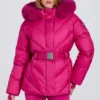 Giacca da sci impermeabile con cappuccio in pelliccia sintetica, rosa magenta Giacca da sci impermeabile con cappuccio in pelliccia sintetica, rosa magenta