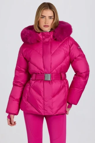 Giacca da sci impermeabile con cappuccio in pelliccia sintetica, rosa magenta Giacca da sci impermeabile con cappuccio in pelliccia sintetica, rosa magenta