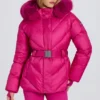 Giacca da sci impermeabile con cappuccio in pelliccia sintetica, rosa magenta Giacca da sci impermeabile con cappuccio in pelliccia sintetica, rosa magenta