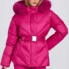 Giacca da sci impermeabile con cappuccio in pelliccia sintetica, rosa magenta Giacca da sci impermeabile con cappuccio in pelliccia sintetica, rosa magenta