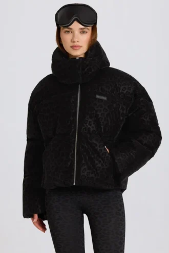 Giacca da sci oversize corta impermeabile in nero leopardato Giacca da sci oversize corta impermeabile in nero leopardato