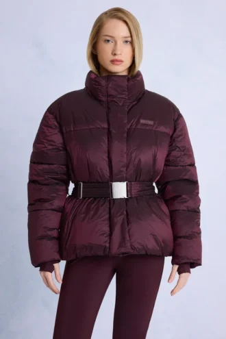 Giacca da sci oversize impermeabile con cintura in bordeaux
