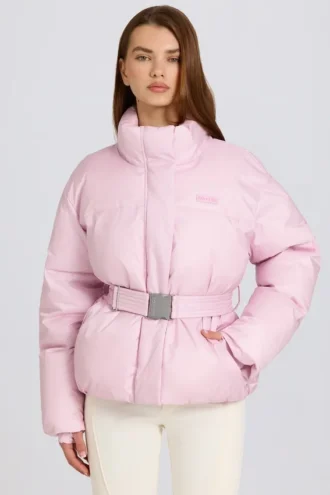Giacca da sci oversize impermeabile con cintura in rosa cipria Giacca da sci oversize impermeabile con cintura in rosa cipria