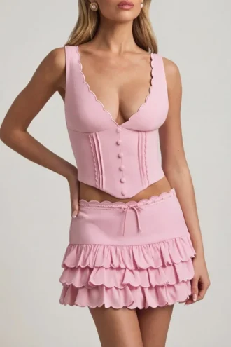 Gonna a strati con volant a vita bassa Lorena in rosa tenue