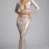 Gonna a tubino in jersey metallizzato a vita media Zahra in oro chiaro