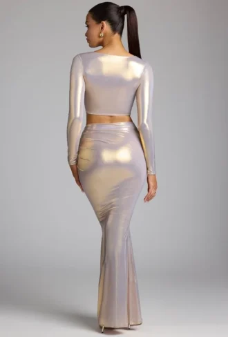 Gonna a tubino in jersey metallizzato a vita media Zahra in oro chiaro
