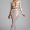 Gonna a tubino in jersey metallizzato a vita media Zahra in oro chiaro