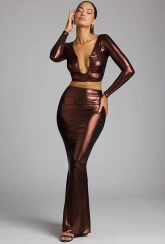 Gonna a tubino in jersey metallizzato a vita media Zahra in rame bronzo