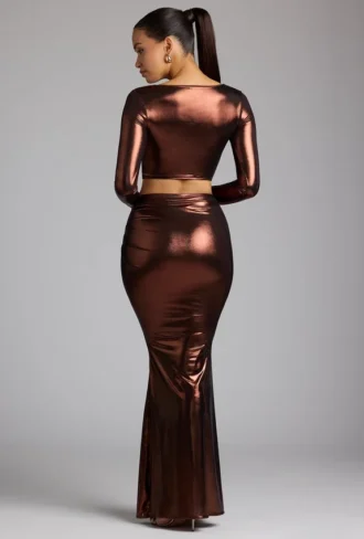 Gonna a tubino in jersey metallizzato a vita media Zahra in rame bronzo