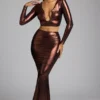 Gonna a tubino in jersey metallizzato a vita media Zahra in rame bronzo