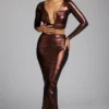 Gonna a tubino in jersey metallizzato a vita media Zahra in rame bronzo