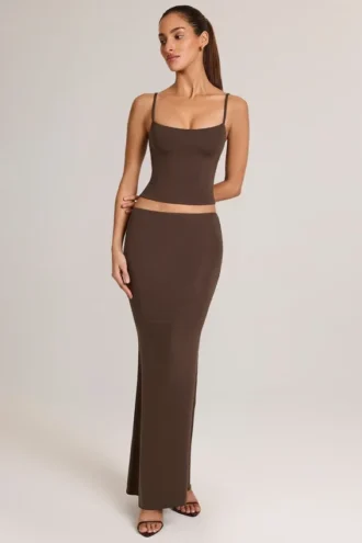 Gonna lunga a sirena Avenley in modal a vita media, color cioccolato