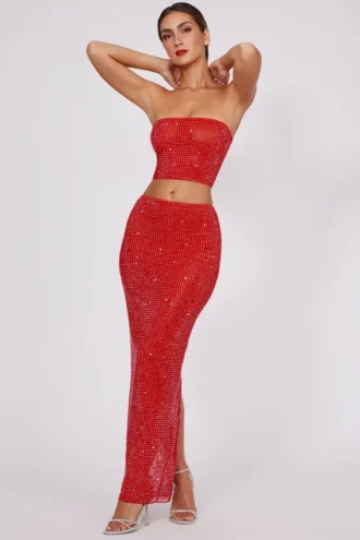 Gonna lunga a vita media con decorazioni Fausta in rosso fuoco