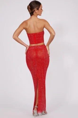 Gonna lunga a vita media con decorazioni Fausta in rosso fuoco